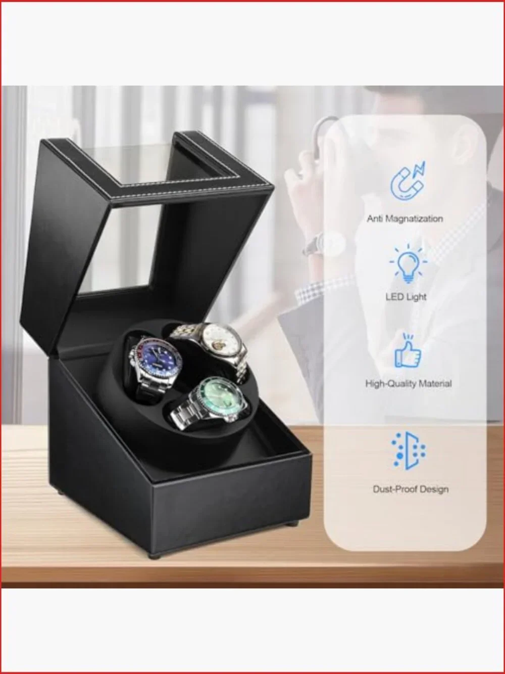 3 Watch Winder with LED Light, Japanese Quiet Motor, 4 Rotation Modes
